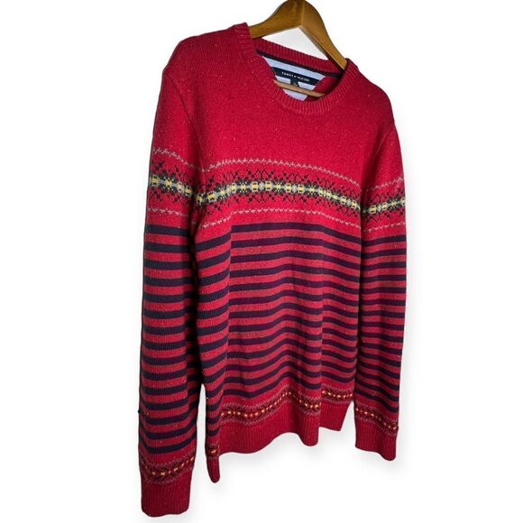 Tommy Hilfiger Red Navy Stripe Fair Isle Pullover Sweater Cotton Wool Size Large - Picture 3 of 9
